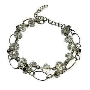 Silver Two Strand Beaded Bracelet Silver Tone  Beads and Faceted Clear Beads